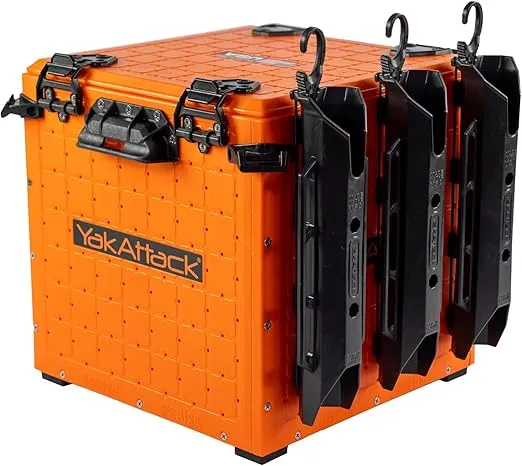 YakAttack BlackPak Pro Kayak Fishing Crate - Includes 3 Attachable Fishing Rod Holders, 13" x 13" - YakAttack Orange | Kayak Fishing Accessories