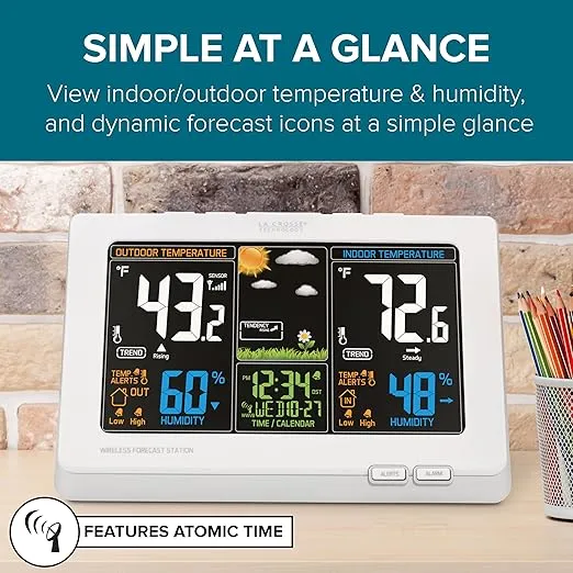 La Crosse Technology Wireless Atomic Digital Color Forecast Station with Alerts, White (308-1414W)