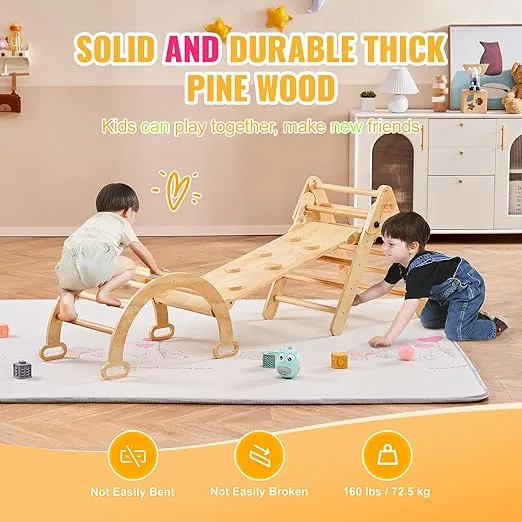 VEVOR Pikler Triangle Set Climber 5 in 1, Toddler Climbing Toys Indoor Folding with Arch&Ramp&Ladder for Montessori Play Gym for Toddlers and Kids, Wooden Color, Medium Size