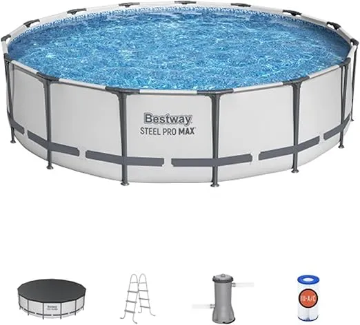 Bestway Steel Pro MAX 15" x 42" Round Above Ground Swimming Pool Set Outdooor Metal Frame Family Pool with Filter Pump, Ladder, and Cover