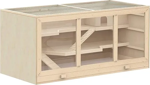 PawHut Extra Large Wooden Hamster Cage, Gerbil Cage, and Other Small Animal Habitat, Hamster Habitat with Opening Roof, Hut, Ramps, Natural