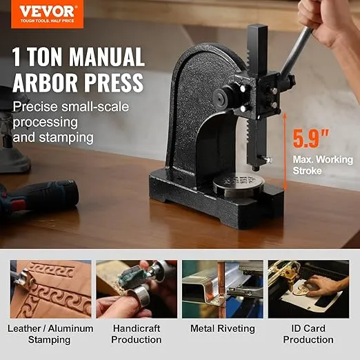 VEVOR Arbor Press, 1 Ton Manual Arbor Press, 5.9" Maximum Height, Cast Iron Heavy-duty Manual Desktop Arbor Press, Precision Hand Press for Stamping, Bending, Stretching, Forming