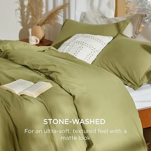 Bedsure 100% Stone Washed Cotton Duvet Cover Queen - Avocado Minimalist Cotton Duvet Cover Linen Like - 3 Pieces Plain Simple Duvet Cover Set with 2 Pillow Shams (Avocado, Queen, 90"x90")
