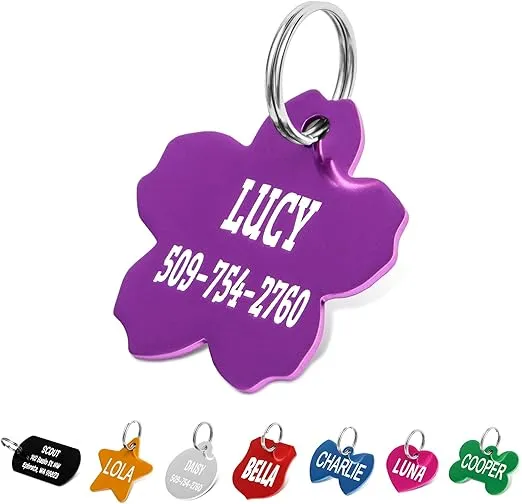 GoTags Dog Tags, Personalized Engraved Dog and Cat ID Tags for Pets, Custom Engraved on Both Sides, Various Shapes Including Bone, Round, Heart, Bow Tie, Star, and Badge (Flower, Small - Pack of 1)