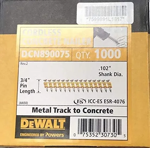 DEWALT ENGINEERED BY POWERS Concrete Nails, 3/4" Length, Steel, Zinc Plated, Strip, PK 1000