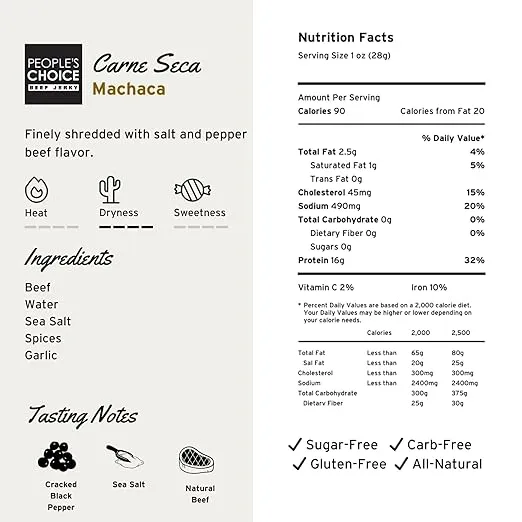 People's Choice Beef Jerky - Carne Seca - Machaca - Bulk Beef Jerky Chew - Shredded Beef Jerky - Healthy, Sugar Free, Zero Carb, Gluten Free, Keto Friendly, High Protein Meat Snack - 1 Pound Bag