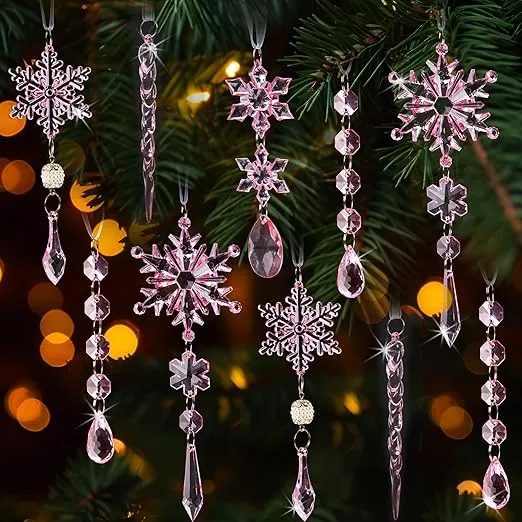 18pcs Crystal Christmas Ornaments for Christmas Tree Decorations-Light Pink Hanging Acrylic Snowflake and Icicle Ornaments with Drop Pendants for Christmas Tree New Year Party Decorations Supplies