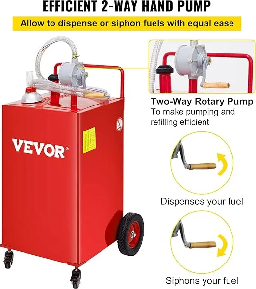 VEVOR Fuel Caddy 35 Gallon, Gas Storage Tank on 4 Wheels, with Manual Transfer Pump, Gasoline Diesel Fuel Container for Cars, Lawn Mowers, ATVs, Boats & More, Red