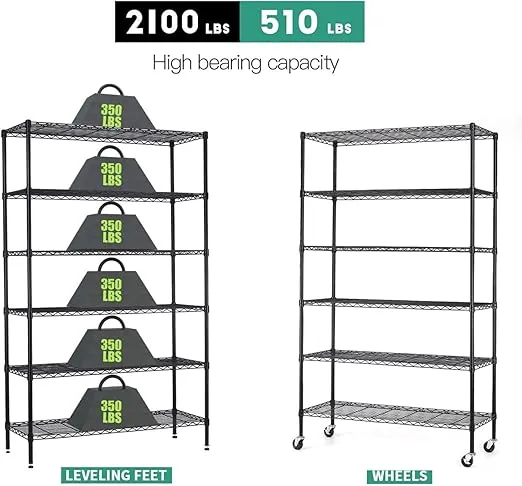 FDW Wire Shelving Unit with Wheels Steel 6 Tier Heavy Duty Layer Rack Storage Metal Shelf Garage Organizer Wire Rack Shelving Adjustable Utility 2100 LBS Capacity-18x48x82 inch (Black)