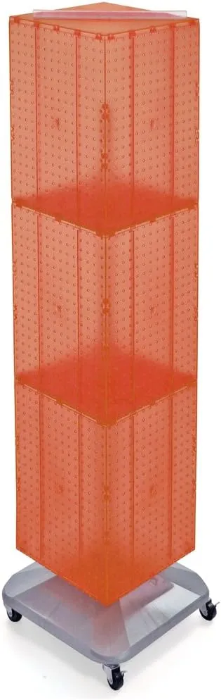Azar Displays 701465-ORG FOUR-SIDED PEGBOARD TOWER FLOOR DISPLAY ON REVOLVING WHEELED BASE. PANEL SIZE: 14"W X 60"H, Orange