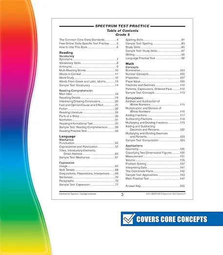 Spectrum 5th Grade Test Practice Workbooks All Subjects, Ages 10 to 11, 5th Grade Test Practice, Language Arts, Reading Comprehension, Vocabulary, Writing and Math Reproducible Book - 160 Pages