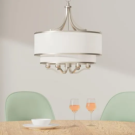 Possini Euro Design Luxe Nickel Pendant Light - 6 Light, Brushed Nickel Finish, White Organza Shade, Luxe Modern Pendant for Kitchen Islands, Dining Rooms, and Living Rooms - 26" Wide, 23" High