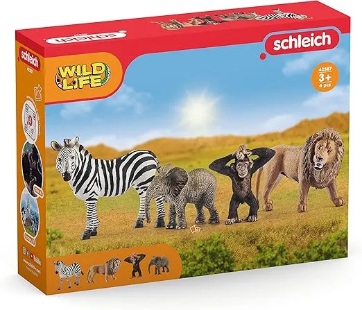 Schleich Wild Life Africa Starter Set – 4-Piece Wildlife Animal Set for Ages 3+, Featuring, Zebra, Elephant Calf, Lion, Chimpanzee