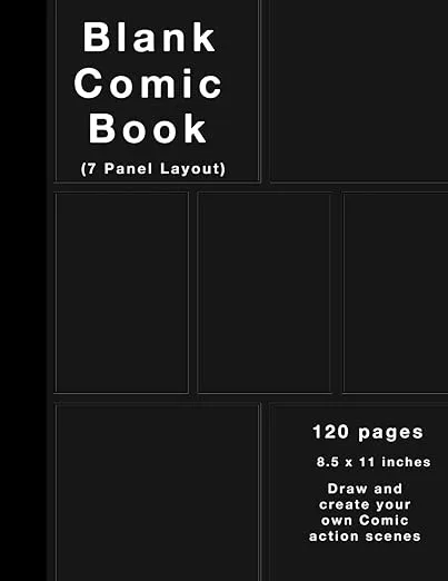 Blank Comic Book: 120 pages, 7 panel, White Paper, Draw your own Comics (Black cover)