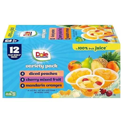 Dole Diced Peaches, Mandarin Oranges, and Cherry Mixed Fruit in 100% Juice Variety Pack - Dole Fruit Bowls Snacks - 4 oz Fruit Bowls - 12 Pack