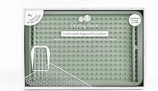 ezpz Drying Rack (Sage) - 100% Silicone Collapsible Dish Drying Rack + Suctions in Place + Adjustable Pegs - Dishwasher Safe - Durable Long-Lasting