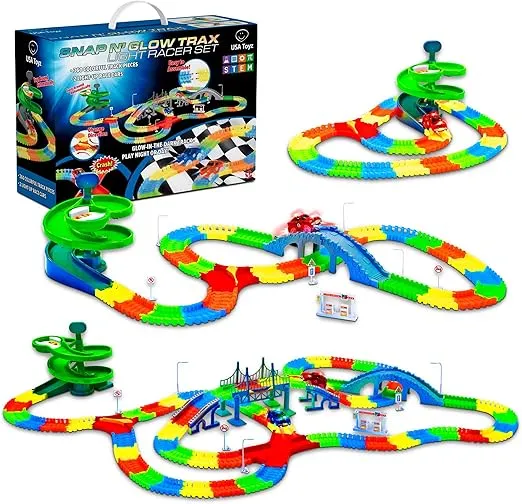 USA Toyz Glow Trax Race Tracks and LED Toy Cars - 360pk Glow in The Dark Flexible Rainbow Race Track Set STEM Building Toys for Boys and Girls with Large Roundabout Ramp and 2 LED Toy Cars