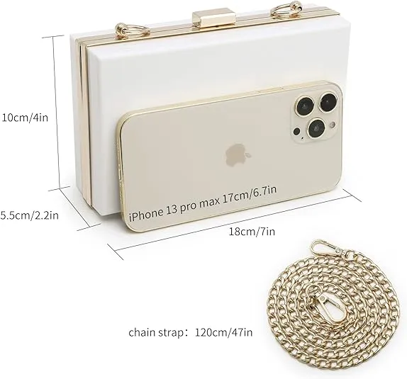 Women Cute Clear Purse Acrylic Box Clutch Handbag, Transparent Crossbody Evening Bag Stadium Approved Chain Strap