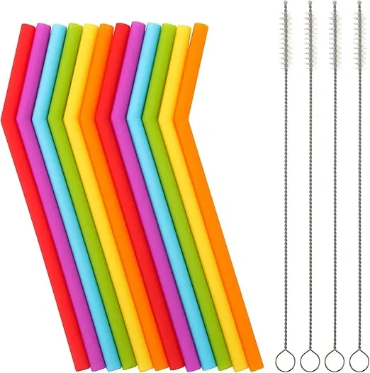 Reusable Silicone Straws for Toddlers & Kids - 12 pcs Flexible Short Drink 6.7" Straws for 6-12 oz Yeti/Rtic/Ozark Tumblers & 4 Cleaning Brushes - BPA free, Eco-friendly,no Rubber Tast