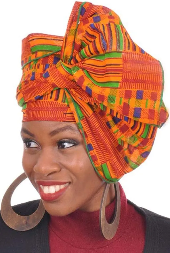 Dupsie's Kente African Print Head wrap with Green Trim One Size Multicolor