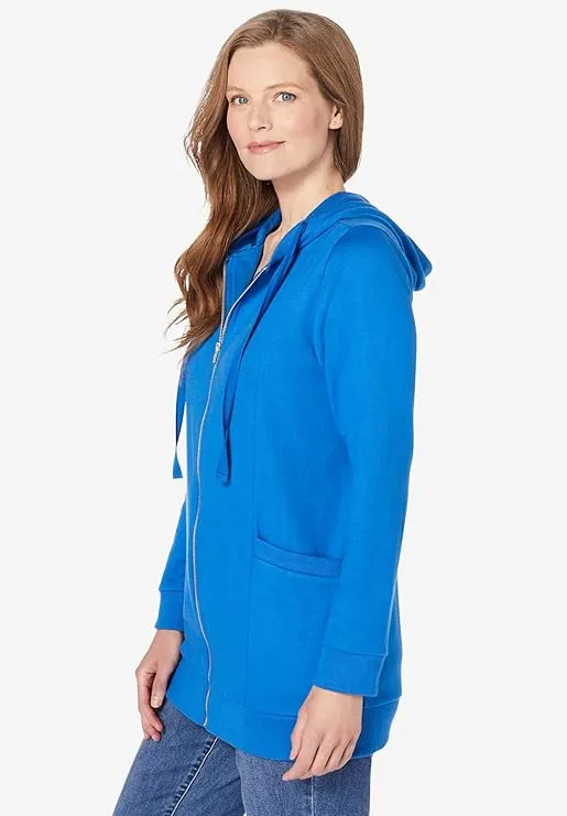 Woman Within Plus Size Zip Front Hoodie Jacket Long Oversized Fleece Jacket