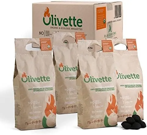 Organic Charcoal Briquettes by Olivette, Reusable Charcoal for Grilling, USDA Certified, Recycled Olive Tree Byproduct, Ready to Light, 6.6 lb. Bag Equal to 20 lb. Regular Charcoal, 4-Bag Bulk Case