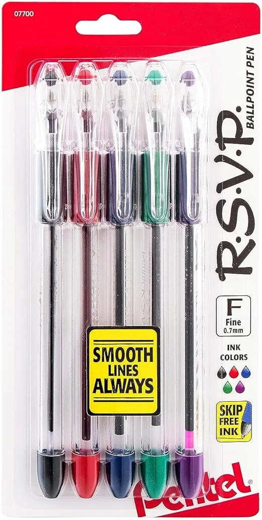 Pentel R.S.V.P. Ballpoint Pen, Fine Line, (0.7mm), Assorted Ink, Clear Barrel, 5 Pack (BK90BP5M)