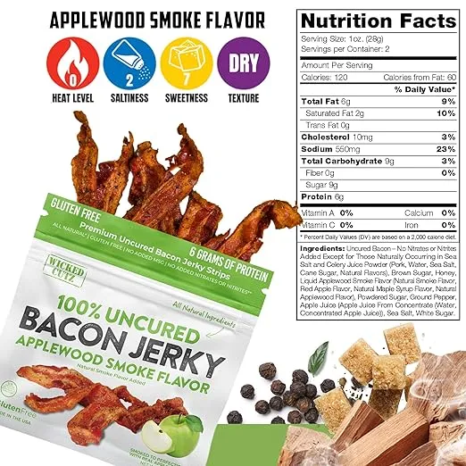 Applewood Smoked Bacon Jerky | Tender, Flavorful, Easy to Chew, Premium Craft Bacon Jerky with 12g of Protein Per Bag, Gluten Free, High Protein, Low Calorie, Healthy Snacks for Adults (2 Bags)