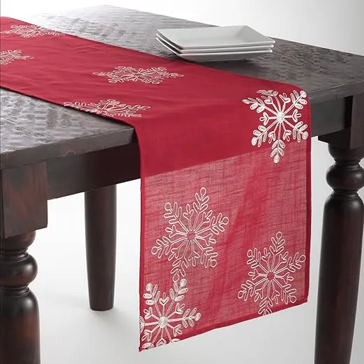 SARO LIFESTYLE 70196.R1654B Snow Crystal Collection Snowflake Design Table Runner, 16" x 54", Red