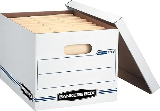 Bankers Box® Stor/File™ Standard-Duty Storage Boxes With Lift-Off Lids And Built-In Handles, Letter/Legal Size, 15" x 12" x 10", 60% Recycled, White/Blue, Case Of 5