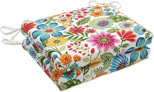 Pillow Perfect Bright Floral Indoor/Outdoor Chair Seat Cushion with Ties Squared Corner, Plush Fiber Fill, Weather, and Fade Resistant, 16" x 18.5", Blue/Purple Gregoire 2 Count