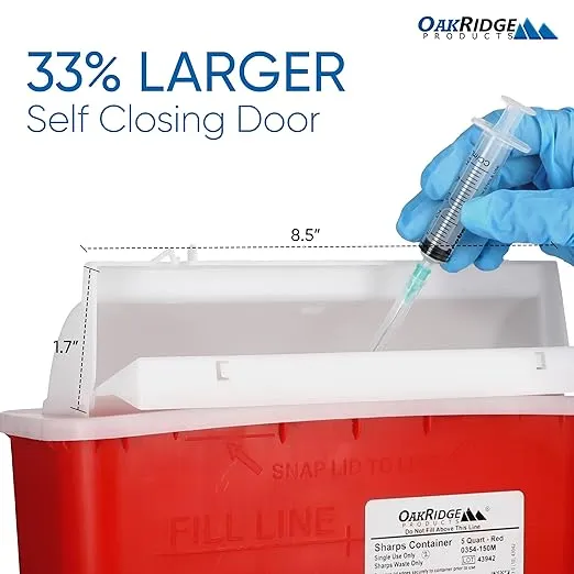 Oakridge Products Sharps Container for Home Use and Professional 5 Quart (5-Pack), Biohazard Needle and Syringe Disposal, Mailbox Style Lid, CDC Certified
