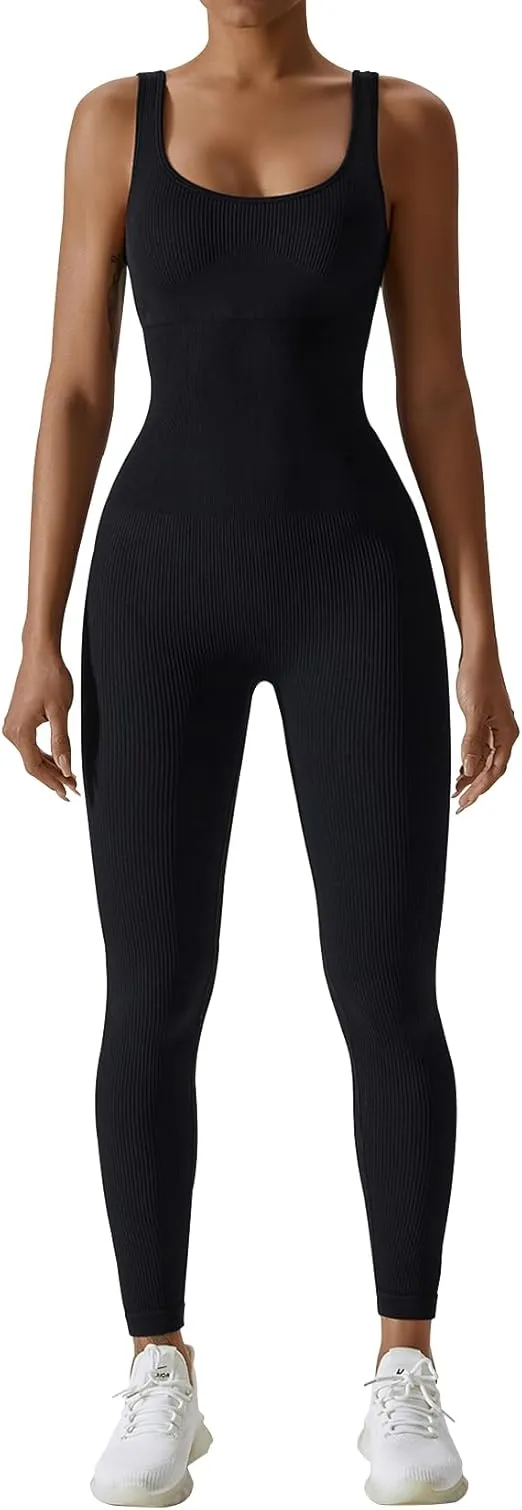 Jumpsuits for Women Workout Yoga Ribbed Seamless One Piece Tank Tops Square Neck Rompers Jumpsuits with Built-in Bra