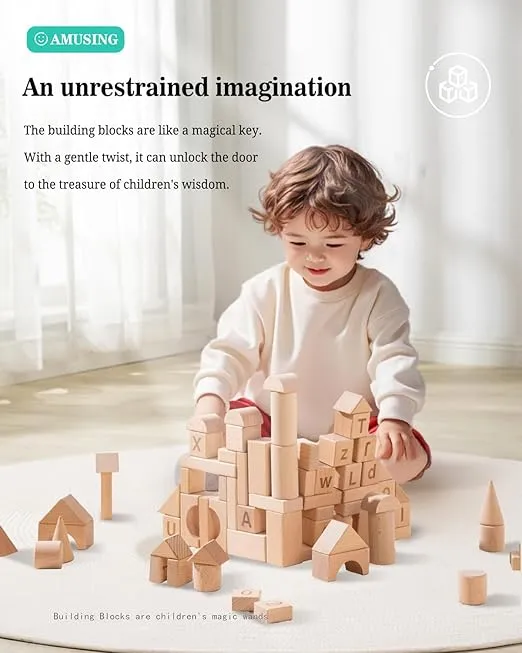 Wooden Blocks Set 100Pcs Building Blocks for Toddlers Shape Sorting Stacking Toy Natural Wood Storage Bag Educational Toy Set (Aie-03)