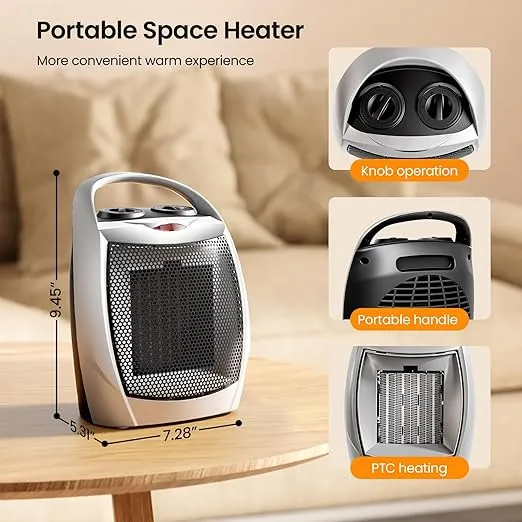 Kismile Small Electric Space Heater Ceramic Space Heater,Portable Heater Fan for Office with Adjustable Thermostat and Overheat Protection ETL Listed for Kitchen, 750W/1500W(Silver)