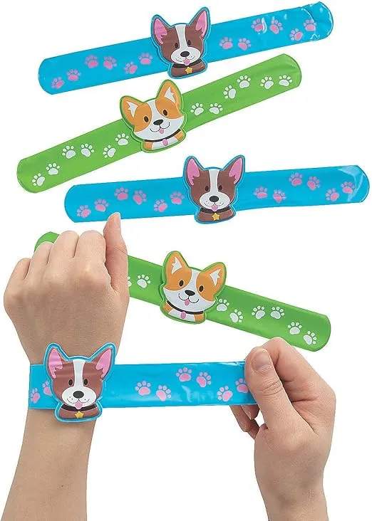 Fun Express Dog Slap Bracelets with Charm - Party Jewelry and Giveaways - Slap Bracelets Party Wrist Strap for Adult Teens Kids - Party Favors Classroom Prizes Birthday Gifts - 12 Piece