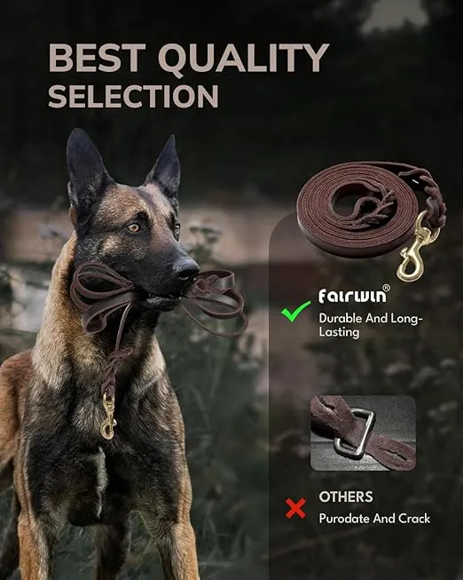 FAIRWIN Braided Leather Dog Training Leash 6 Foot - Military Grade Heavy Duty Dog Leash for Large Medium Small Dogs (Brown, M:5/8" x 6ft)