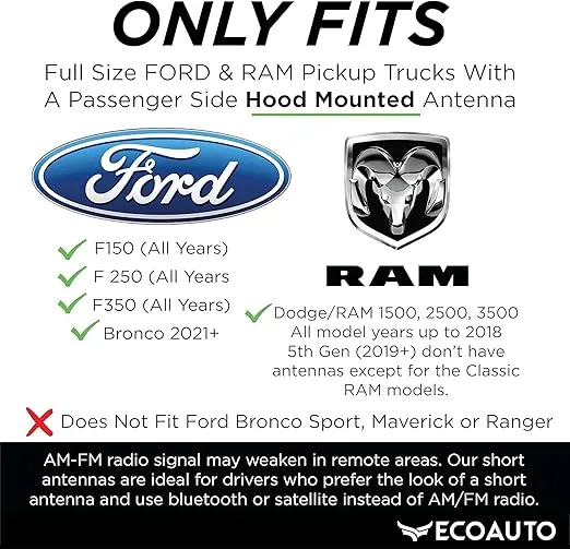 EcoAuto Bullet Antenna Replacement for Dodge Ram & Ford F150 F250 F350 Super Duty Ford Raptor Bronco Trucks - Anti-Theft Design - Radio Antenna for Truck 1990 - Current (Chrome)