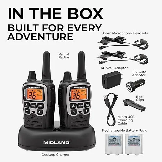 Midland T77VP5 X-TALKER Long Range Walkie-Talkie FRS Two-Way Radio for Camping Overlanding NOAA Weather Scan + Alert, 121 Privacy Codes - Includes Carrying Case & Headset Black/Silver, 2 Radio Bundle
