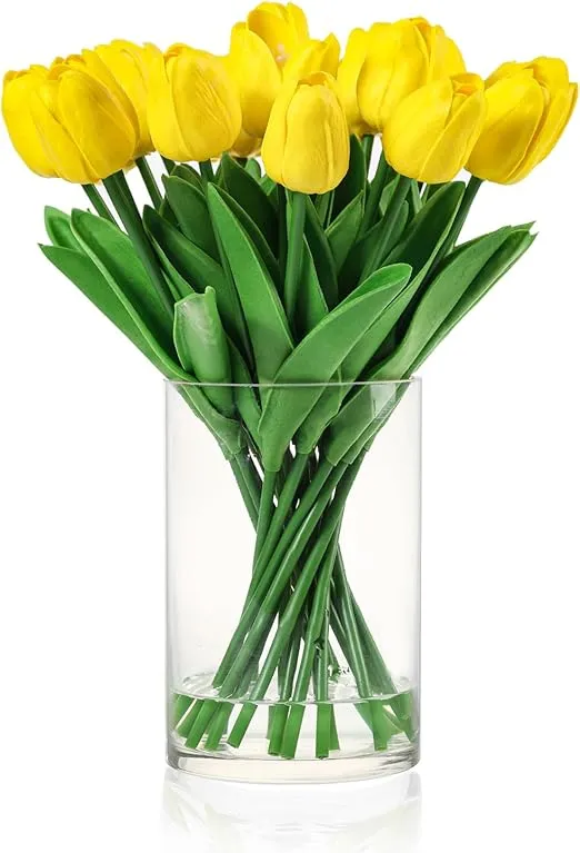 20 PCS Real Touch Tulips Artificial Flowers in Vase, Tulips Faux Arrangements with Vase and Fake Water for Home Decor, Dining Table (Yellow)