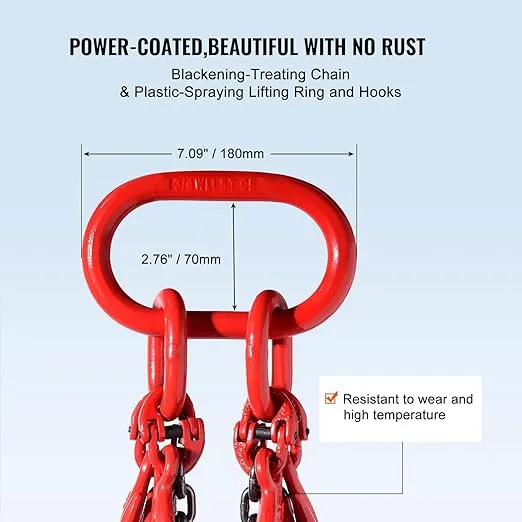 VEVOR Chain Sling, 1/4 inch x 5 ft Lifting Chains with Hooks, G80 Engine Chain Hoist Lifts, 6600 lbs/3 Ton Lifting Sling Chains for Engine Hoist, Engine Lift Chain with 4 Leg Grab Hooks and Adjusters
