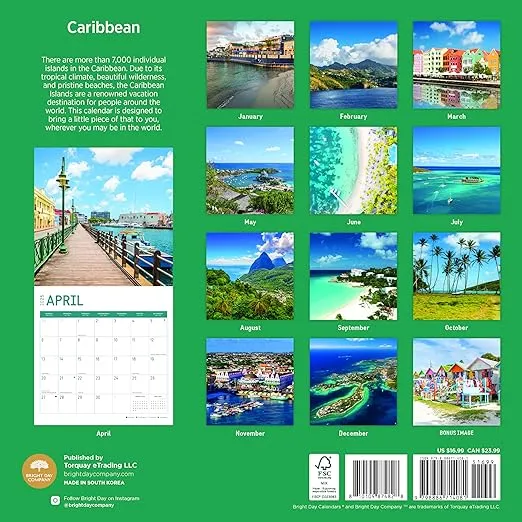 2025 Caribbean Monthly Wall Calendar by Bright Day, 12 x 12 Inch Tropical Paradise Island Destinations