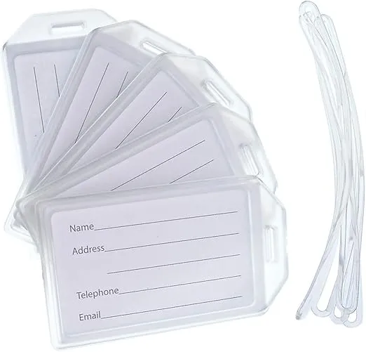 5 Pack - Premium Rigid Airline Luggage Tag Holders with 6" Worm Loops - Heavy Duty Hard Plastic -Suitcase ID Tag Identifiers with Business Card Insert Window by Specialist ID (Translucent/Clear)