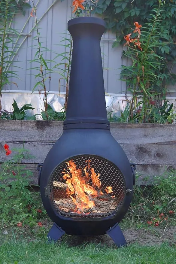 The Blue Rooster Prairie Chiminea Outdoor Fireplace - Wood Burning Cast Aluminum Deck or Patio Firepit