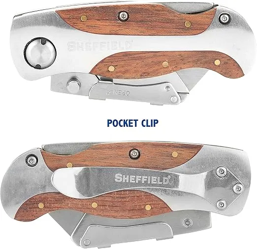Sheffield 12115 Folding Utility Knife, Quick-Change Utility Knife Blades, Lightweight Hardwood Handle, Box Cutter, Cardboard Cutter