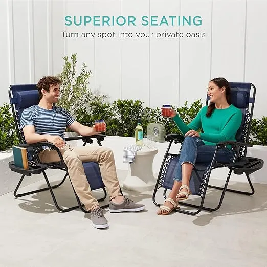 Best Choice Products Set of 2 Adjustable Steel Mesh Zero Gravity Lounge Chair Recliners w/Pillows and Cup Holder Trays - Navy Blue