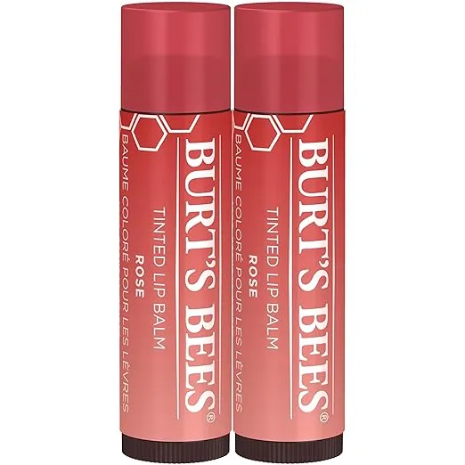 Burt's Bees Lip Tint Balm Stocking Stuffers Gifts, Long Lasting 2 in 1 Duo Tinted Balm Formula, Color Infused with Hydrating Shea Butter for a Natural Looking Buildable Finish, Petal Rose (2-Pack)
