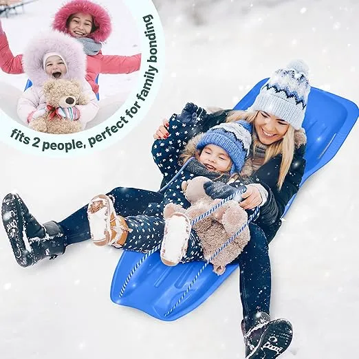Slippery Racer Downhill Xtreme Flexible Adults and Kids Plastic Toboggan Snow Sled for Up to 2 Riders with Pull Rope and Handles, Blue
