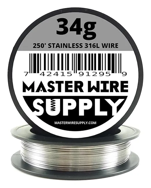 Stainless Steel 316L - 250' - 34 Gauge Wire - 250ft - 0.16mm - 0.006in - Made in USA - Master Wire Supply