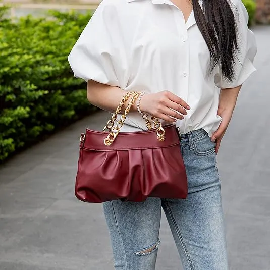 MKF Collection Mini Shoulder Bag for Women, Vegan Leather Ruched Chain Link Trendy Fashion Handbag Crossbody Hobo Purse